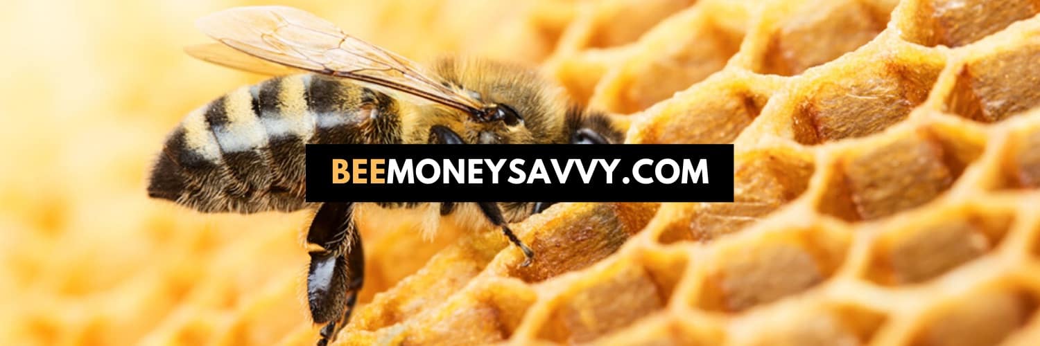 A bee on a honeycomb with the website 