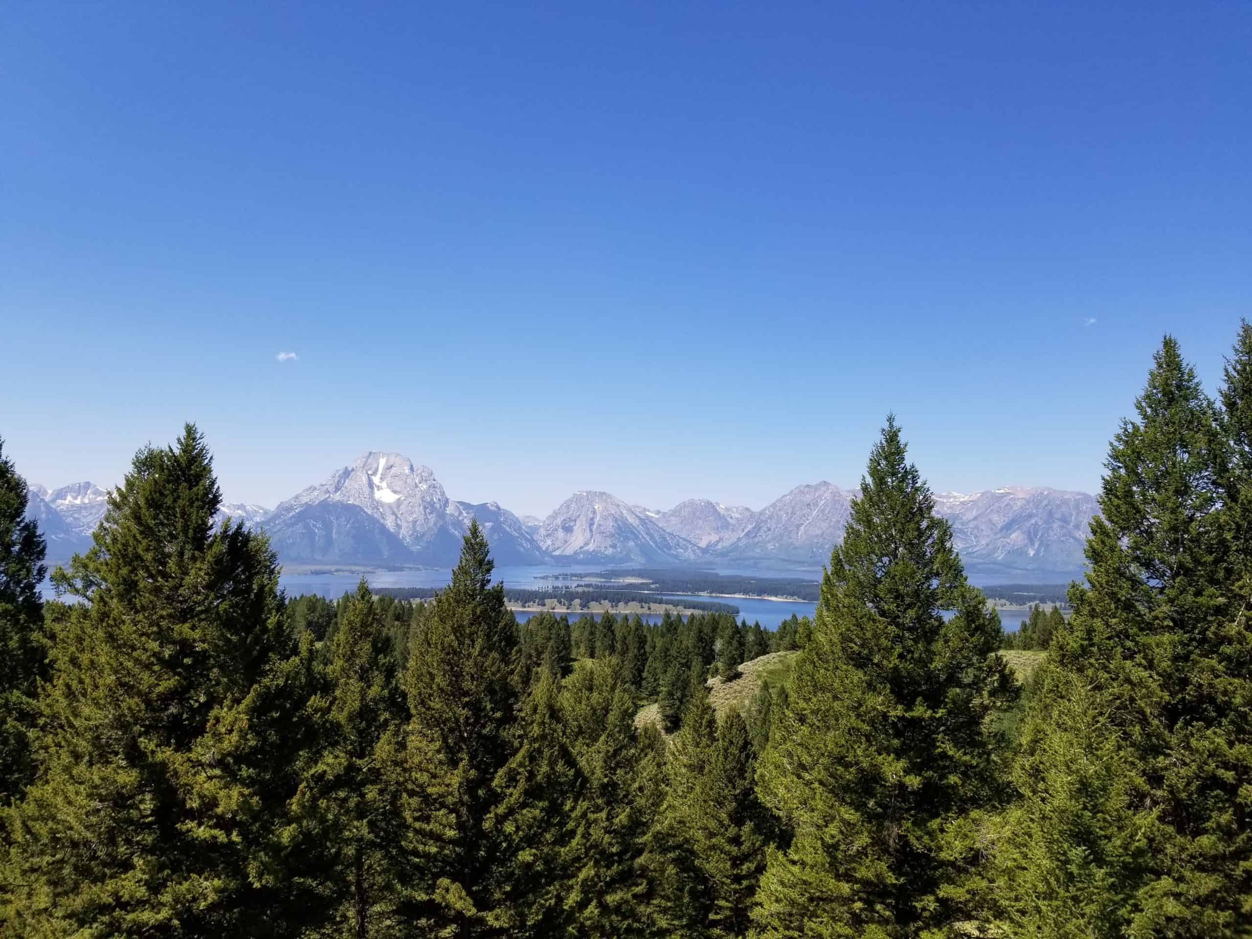 An idyllic view of majestic, snow-capped mountain peaks towering over a tranquil lake, framed by lush evergreen trees under a vast, clear blue sky.