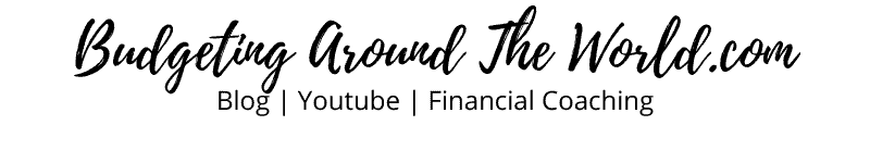 Logo of 'budgeting around the world.com' featuring services for blog, youtube, and financial coaching.