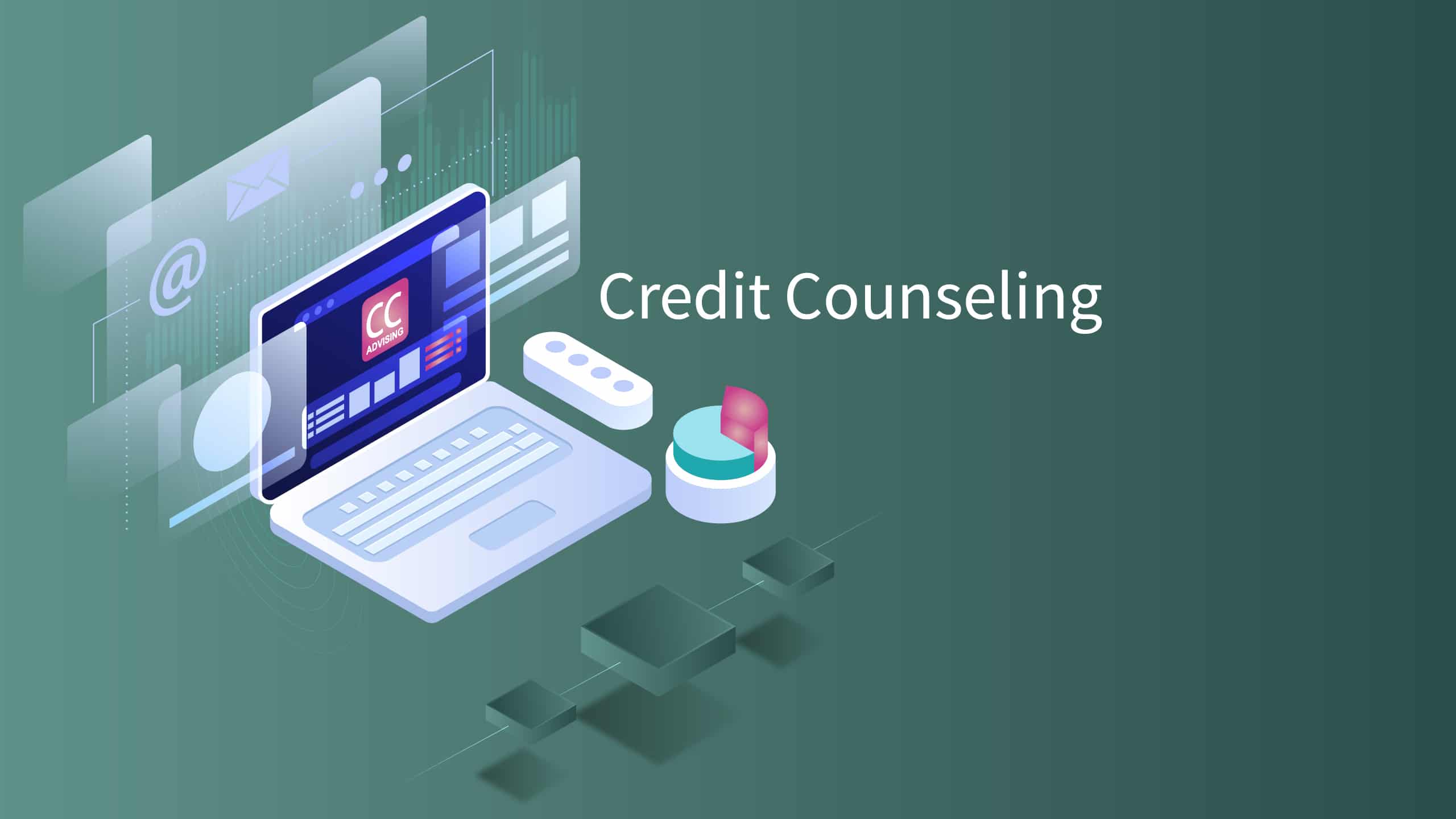 Isometric illustration of credit counseling concept, featuring a laptop with finance-related icons and graphs floating above a digital tablet on a green-blue gradient background.