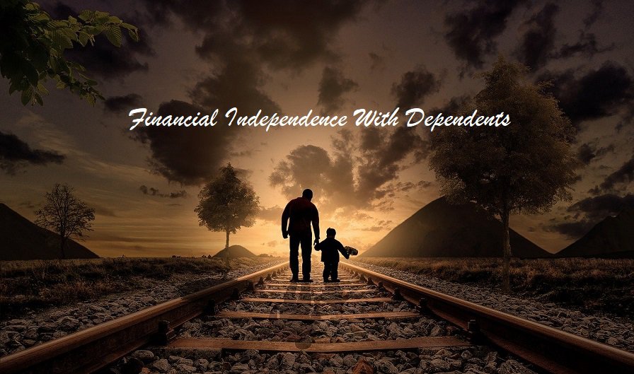 A man and a child walking hand in hand on a railway track heading towards a horizon illuminated by a setting sun, symbolizing a journey towards financial independence while caring for dependents.