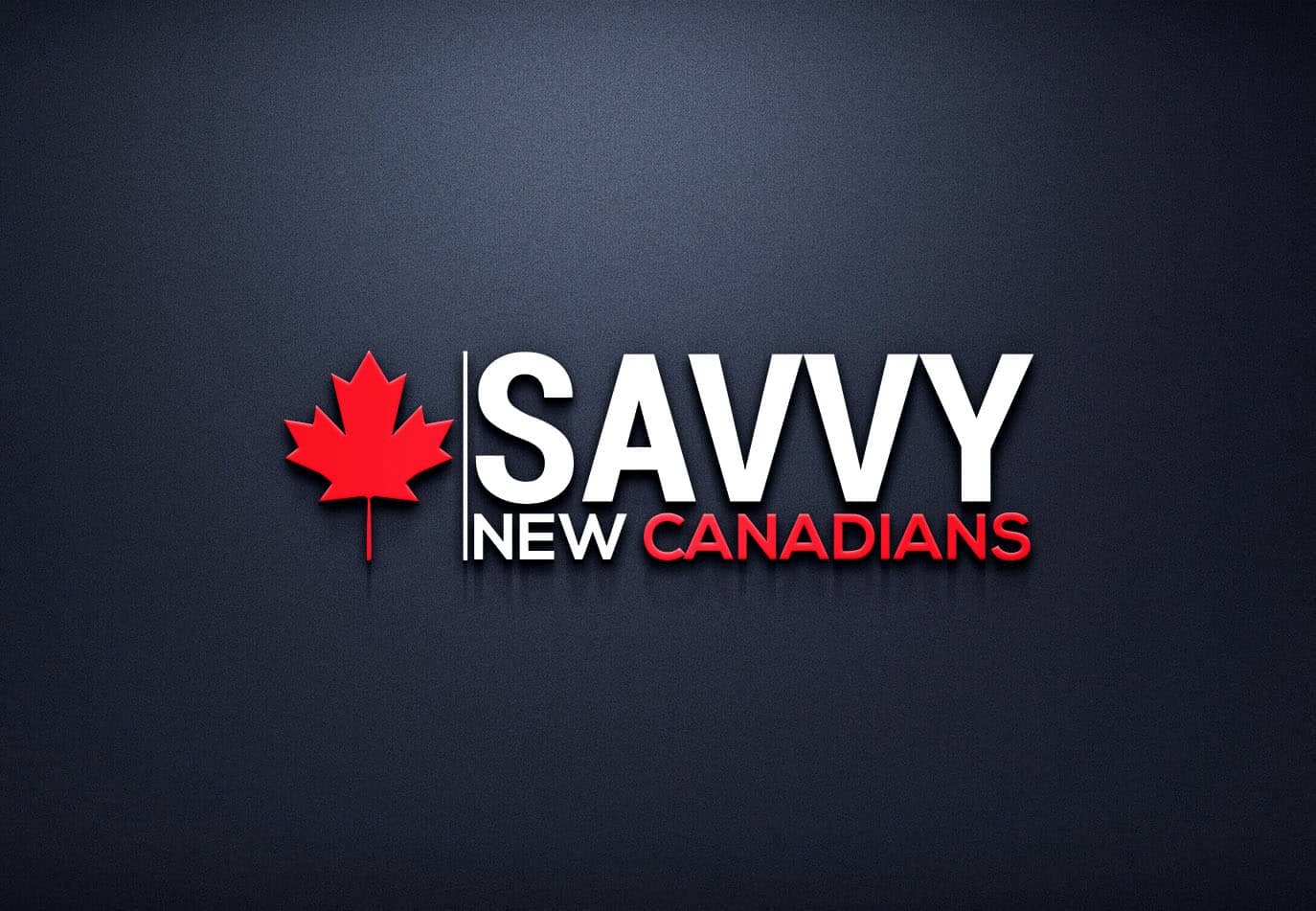A bold and sleek logo featuring a red maple leaf symbolizing canada with the text 'savvy new canadians', capturing the spirit of informed, astute newcomers to canada against a dark background.