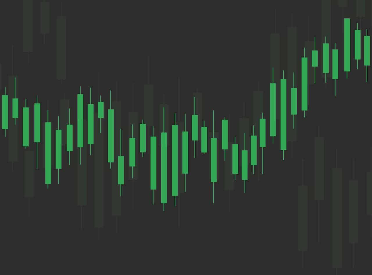 Abstract green stock market candles chart on a dark background indicating financial data, trends, and trading.