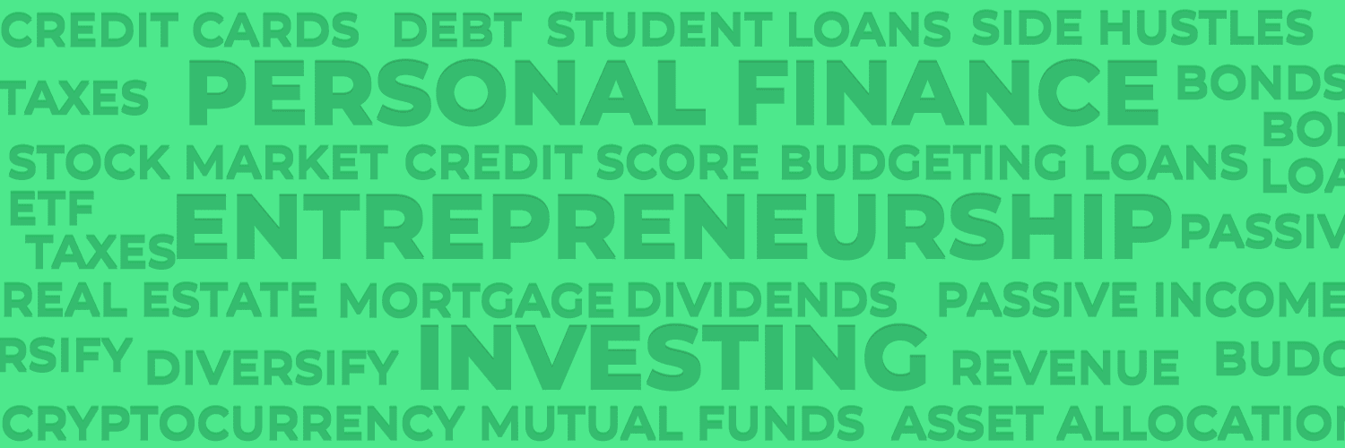 A word cloud focused on financial themes, with prominent terms like 