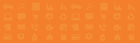 The image displays a collection of white, silhouette icons placed against an orange background, representing a variety of subjects and activities such as search, communication, transportation, technology, media, education, and various services and amenities.