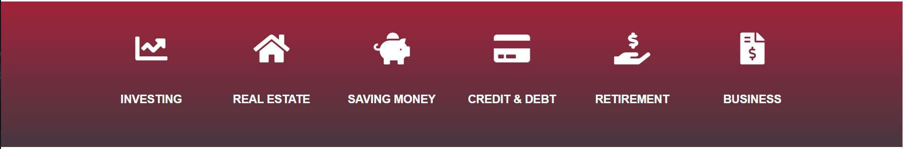 An infographic banner with icons representing various financial concepts, including investing, real estate, saving money, credit & debt, retirement, and business.