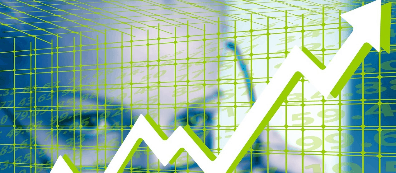 An abstract financial concept image featuring a grid, numerical data, and an upward-trending arrow symbolizing stock market growth or economic success.