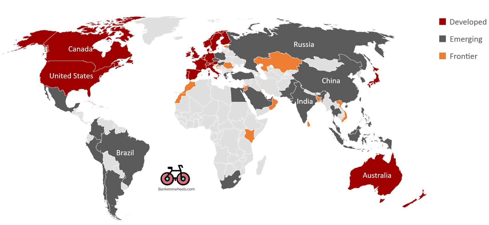 A world map highlighting countries in different colors to categorize them as developed (red), emerging (orange), and frontier (grey) markets, with key nations labelled for reference.