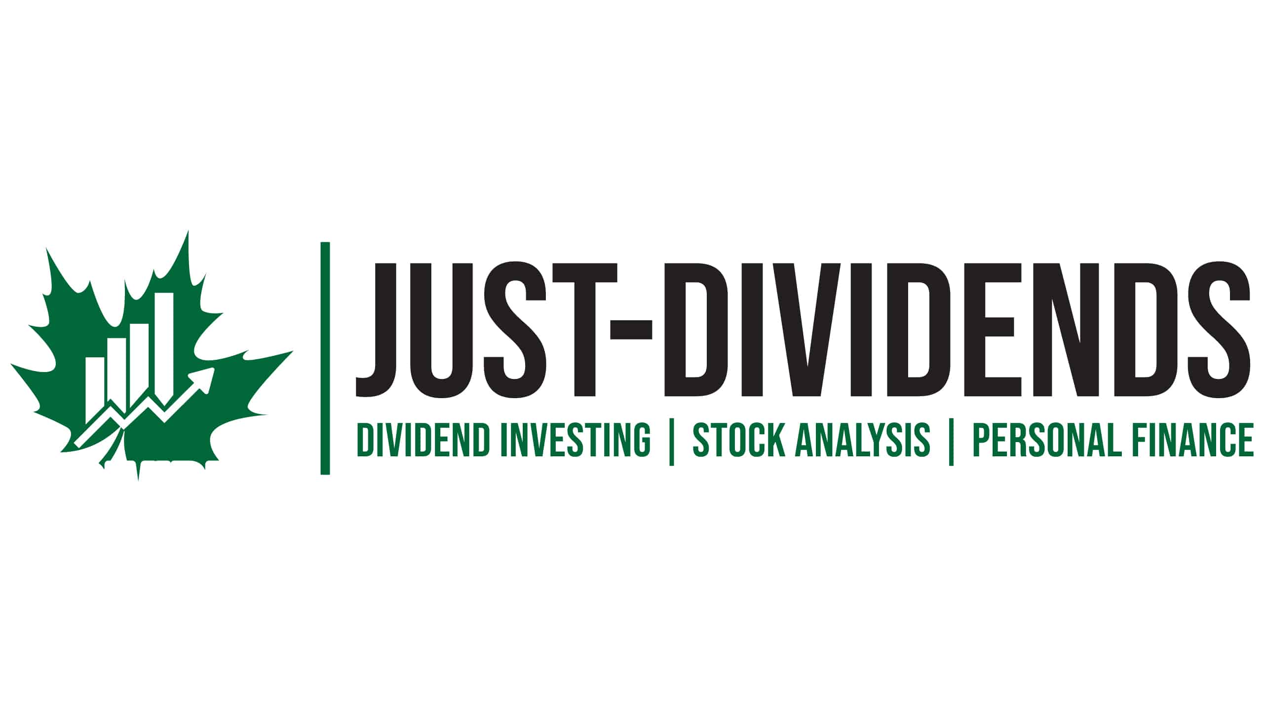 Logo of just-dividends, highlighting their focus on dividend investing, stock analysis, and personal finance, with a green maple leaf motif suggesting a canadian connection or emphasis.