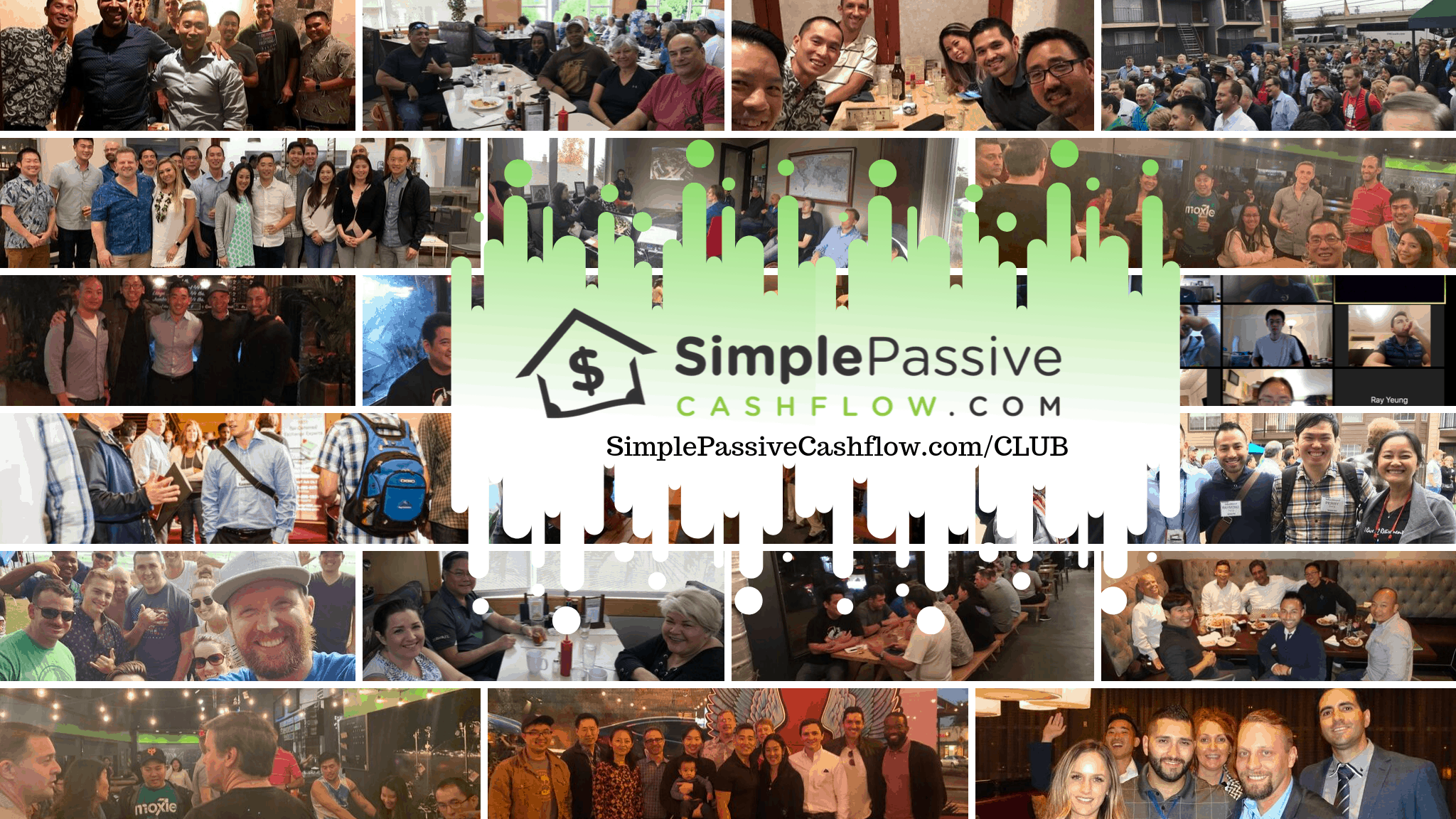 A collage showcasing various group gatherings and networking events organized by simplepassivecashflow.com, featuring people socializing, attending seminars, and enjoying group activities, all under the banner of developing passive income strategies and community building.
