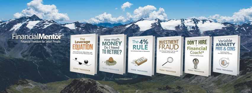 A collection of financial guidebooks with a mountainous backdrop, presenting concepts such as leverage, retirement planning, investment rules, fraud prevention, financial coaching, and annuities.