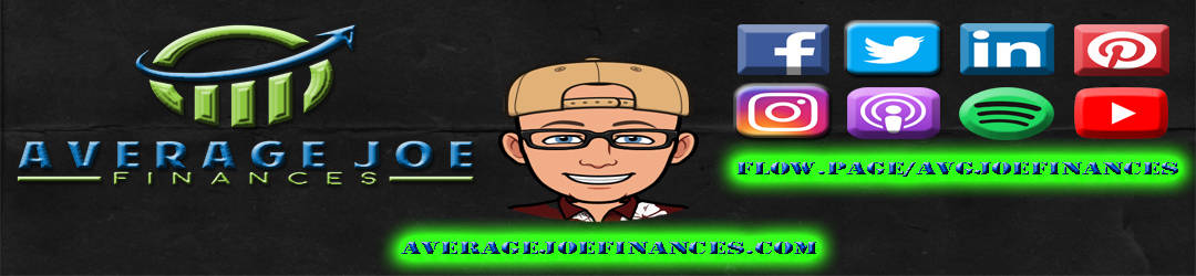 A vibrant social media banner for 'average joe finances' featuring popular platform icons and a cartoon mascot.