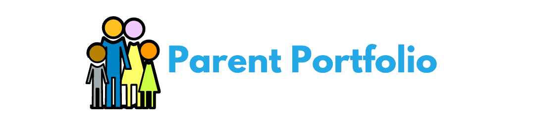 Colorful illustration of a family next to the words 'parent portfolio', symbolizing a resource or collection for parents.