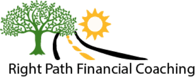 Logo of right path financial coaching, featuring a stylized tree and path leading to a radiant sun, symbolizing growth and guidance towards financial wellbeing.