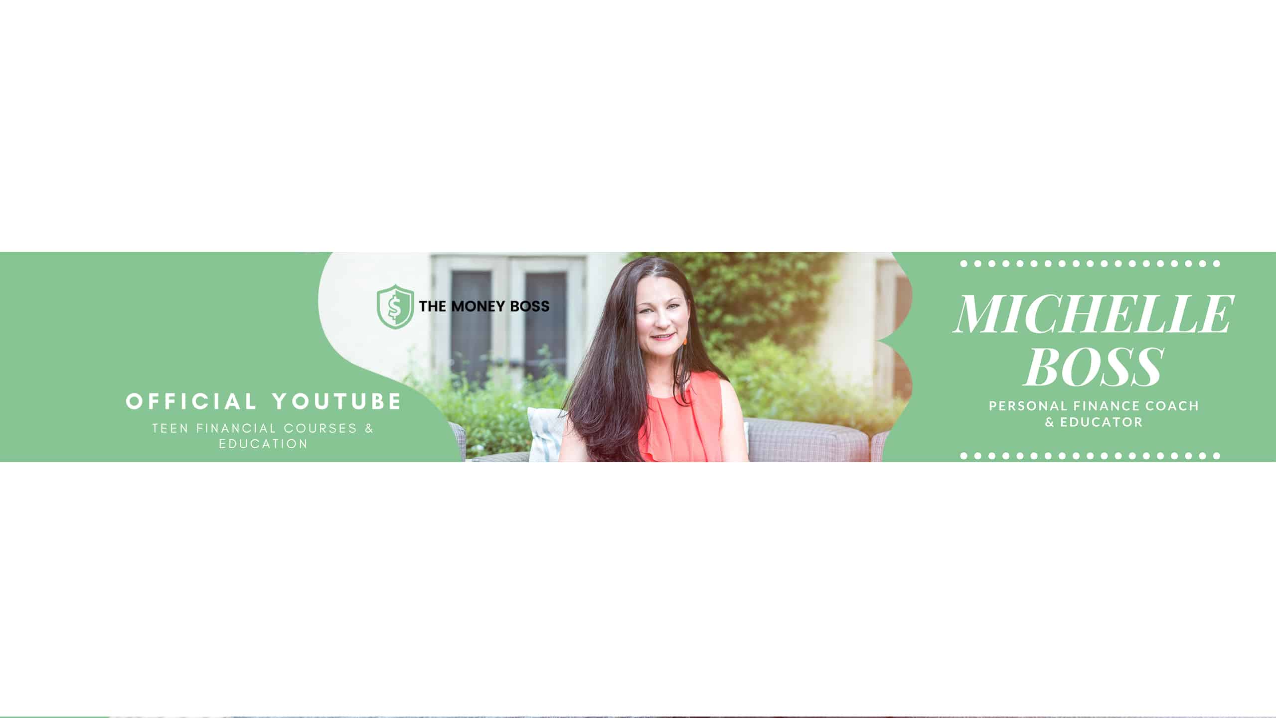 A promotional banner featuring michelle boss, a personal finance coach and educator, highlighting her role as 'the money boss' with a focus on teen financial courses and education. the image shows michelle smiling confidently in an outdoor setting with a professional and approachable demeanor.