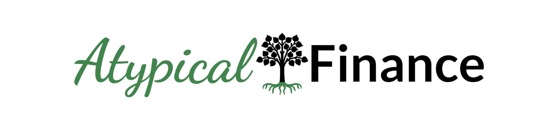 Logo of atypical finance featuring stylized lettering in green with a tree graphic representing growth or stability in finances.