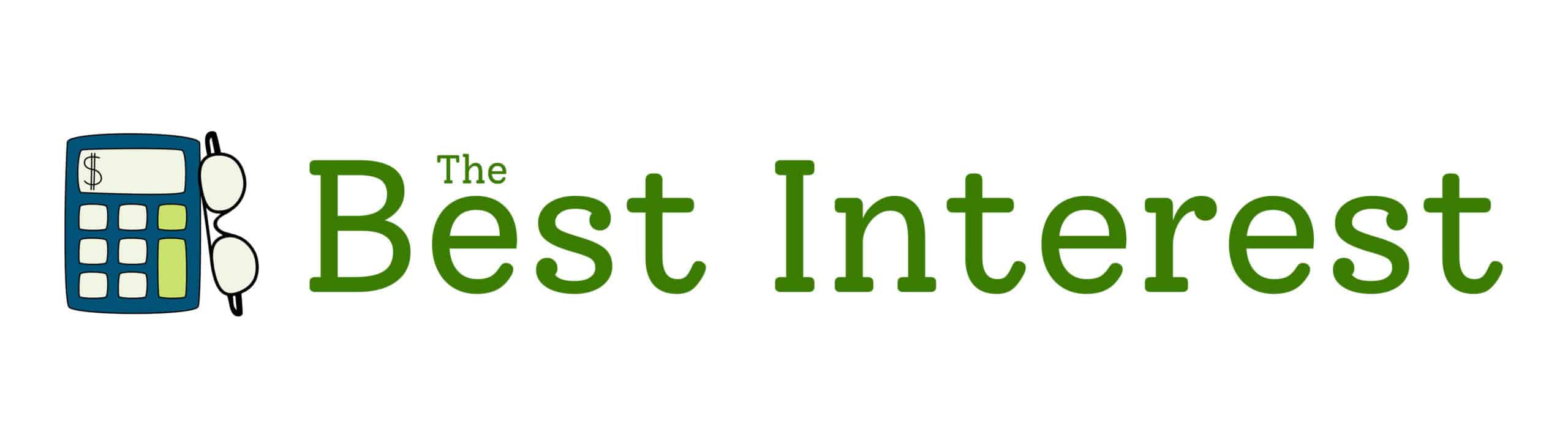 Logo of 'the best interest' featuring a calculator and coin, symbolizing financial planning and investment.