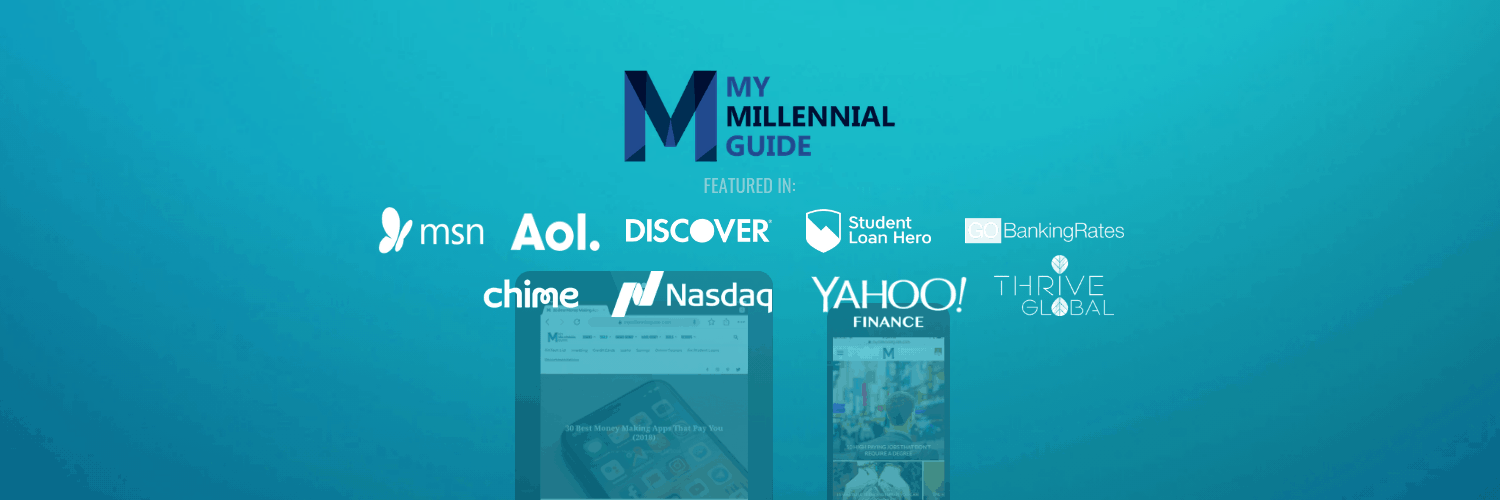 Branding showcase for 'my millennial guide' featuring an array of recognized partner logos such as msn, aol, discover, nasdaq, and yahoo finance, affirming its wide reach and featured presence across various platforms.