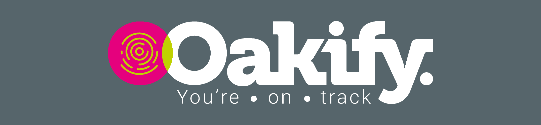 A logo featuring the word 'oakify' with a creative twist on the letter 'o' that resembles a target or a maze, and a tagline 'you're on track' suggesting reliability or goal-oriented service.