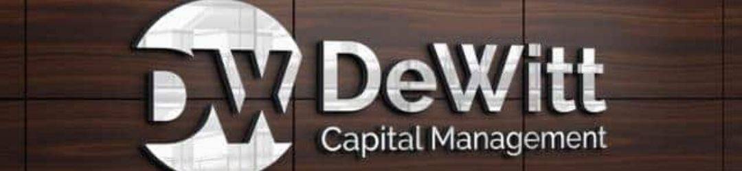 Polished wooden background with a professional, metallic logo of dewitt capital management.
