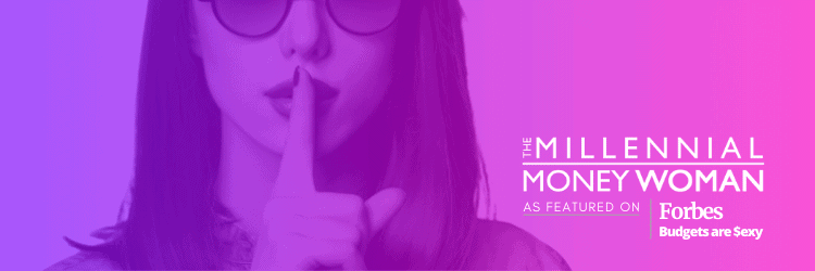 Mysterious and stylish woman gesturing for silence against a vibrant purple backdrop for 'the millennial money woman' brand, as featured on forbes.