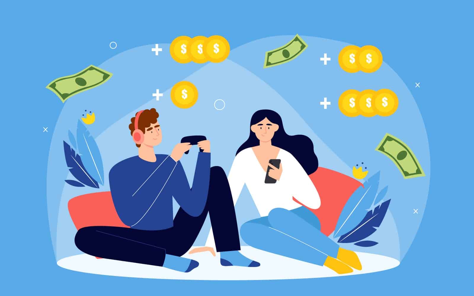 Two people relaxing on a cozy couch, immersed in their smartphones while surrounded by floating symbols of money and luxury, suggesting a theme of modern digital finance or online earning.