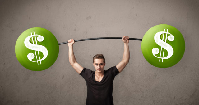 Man lifting green dollar sign weights.