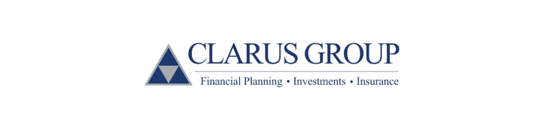 Logo of clarus group featuring a geometric triangular icon, with the services offered: financial planning, investments, insurance.