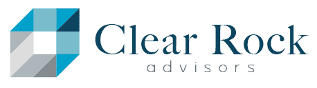 Logo of clear rock advisors, featuring a stylized geometric rock formation in blue shades alongside the company name in an elegant typeface, signifying stability and clarity in financial advising.