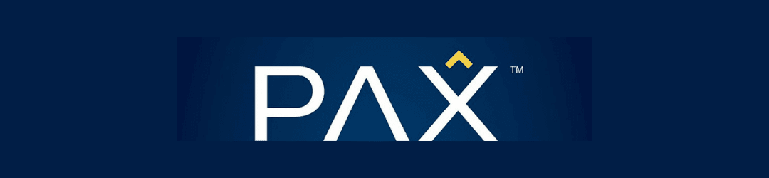 Pax logo on a dark blue background, showcasing the brand's trademark in white bold letters with a gold peak design above the letter 'a.' .