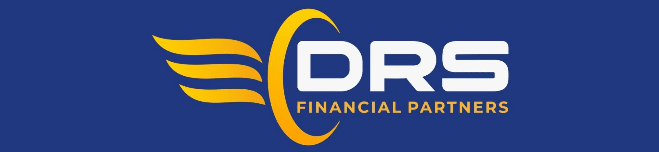 Logo of drs financial partners with a stylized yellow wing symbol to the left of the text on a blue background.
