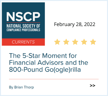 An online article snippet from the national society of compliance professionals (nscp) titled "the 5-star moment for the 800-pound go(ogle) rilla" written by brian thorp, dated february 28, 2022, rated with five stars.