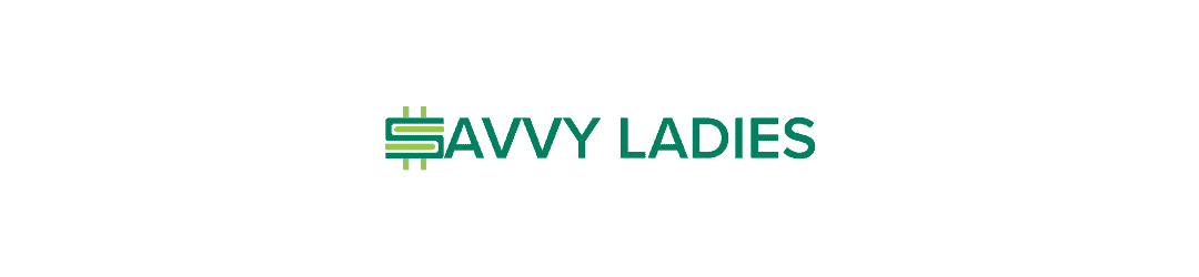 Logo of savvy ladies, featuring stylized text in green with a graphical element that combines a dollar sign and a female symbol.