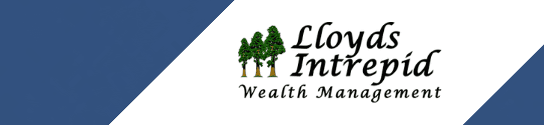 Logo of lloyds intrepid wealth management featuring a stylized tree symbol next to the company name on a diagonal split background of white and blue.