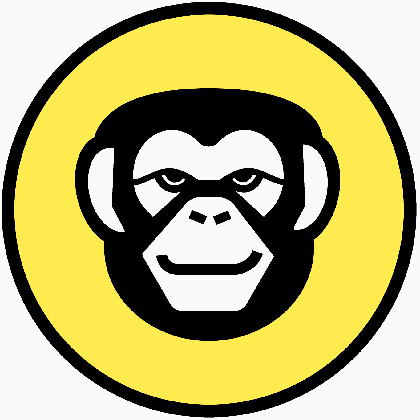 A simple black and white illustration of a chimpanzee's face centered within a bright yellow circle.