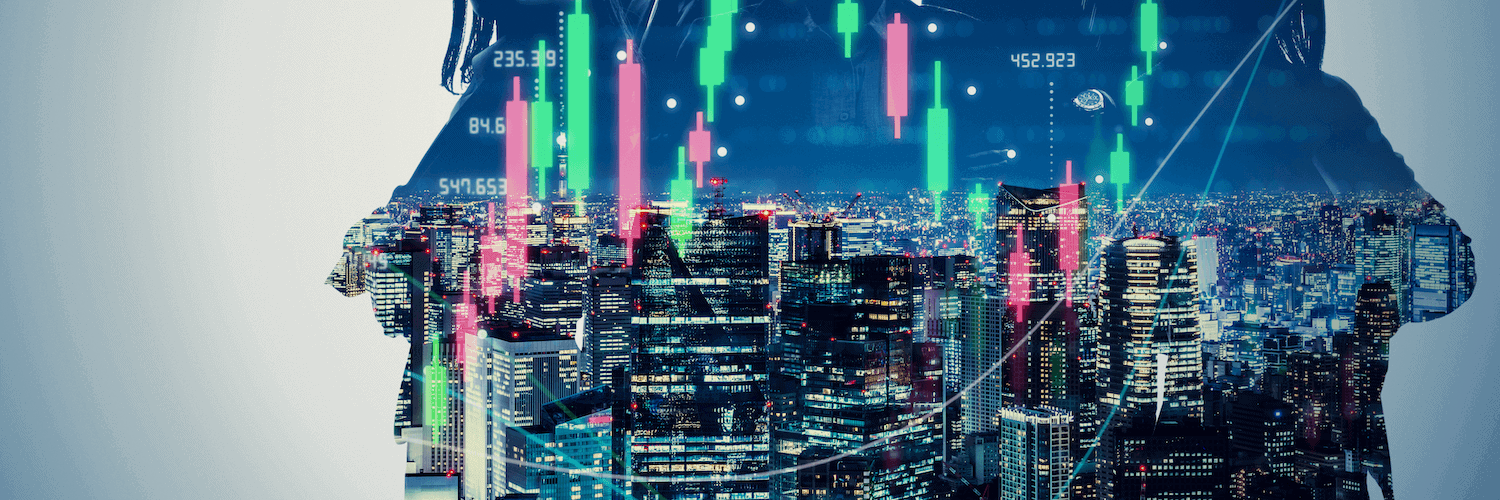 A double exposure image blending the silhouette of a person wearing a hoodie with a vibrant cityscape at night, overlaid with luminous financial graphs suggesting a theme of urban investment strategy or high-tech industry.