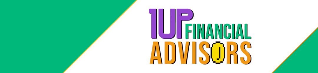 1up financial advisors company logo on a green and white diagonal striped background.