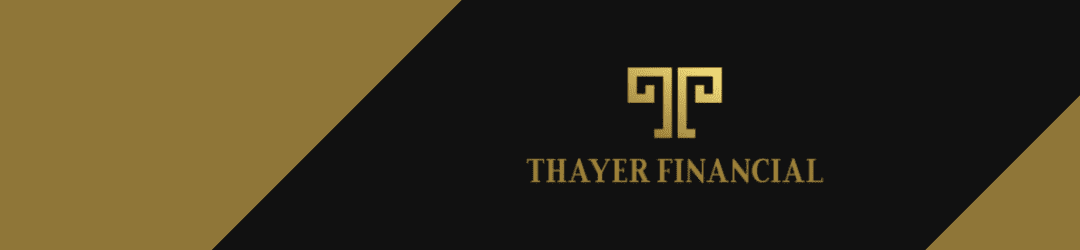 Elegant financial company banner in black and gold featuring the logo for thayer financial.