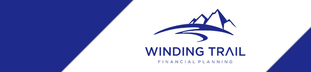 Sleek corporate banner for winding trail financial planning featuring a stylized mountain logo on a blue and white diagonal design.