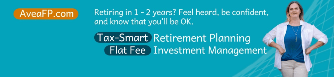 A confident mature woman stands with her hands on her hips against a gradient blue background, alongside text advertising tax-smart retirement planning and investment management services from aveafp.com, with an emphasis on feeling assured about retiring within 1-2 years.