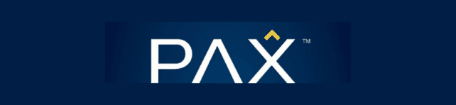 A dark blue banner featuring the logo for pax with a distinctive yellow triangle above the letter 'a'.