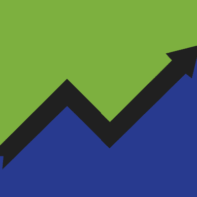 A stylized graph with an upward trend arrow conveying growth or improvement, set against a two-toned background of green and blue.