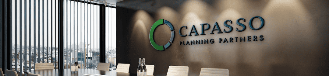 Modern corporate meeting room with a sleek design featuring the logo of 'capasso planning partners' on the wall, overlooking an expansive city view through floor-to-ceiling windows.