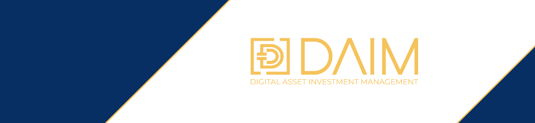 Digital asset investment management (daim) corporate logo on a sleek blue and white design.