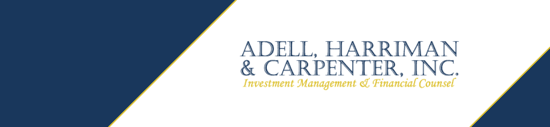 Elegant corporate banner for adell, harriman & carpenter, inc., showcasing their focus on investment management and financial counsel with a sophisticated blue and gold color scheme.