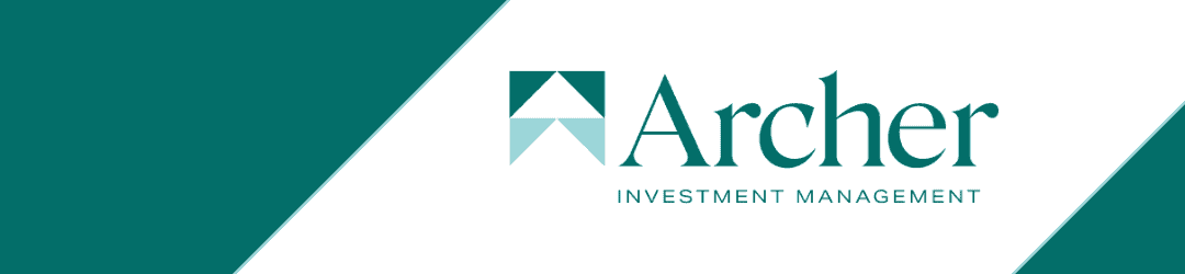 Archer investment management corporate banner with company logo on a sleek turquoise and white diagonal split background.