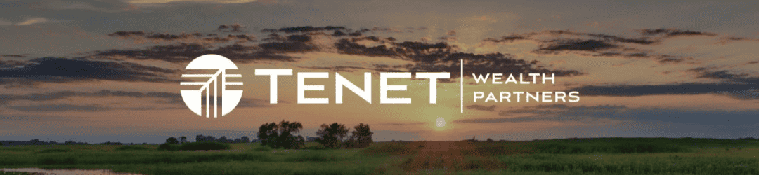 Logo of tenet wealth partners superimposed on a serene landscape at sunset.