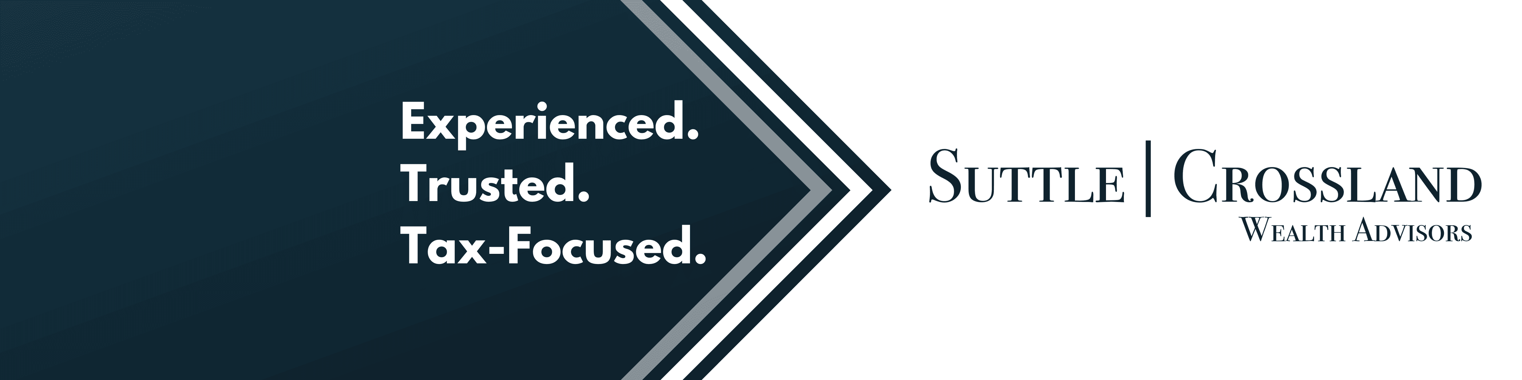 Dark blue banner with white and light blue accents showcasing the branding and slogan of a financial advisory firm, highlighting their experience, trustworthiness, and tax specialization.