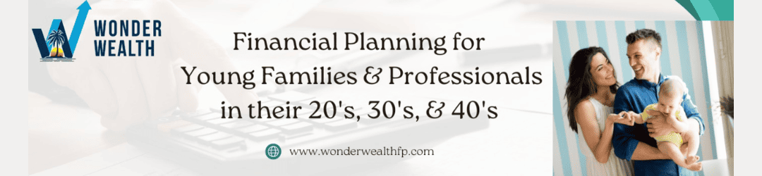 A banner advert promoting financial planning services for young families and professionals, featuring an image of a happy family and a laptop, representing the modern approach to financial management.