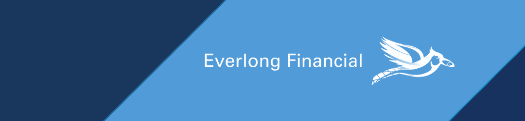 Corporate banner for everlong financial featuring a stylized bird logo on a blue gradient background.